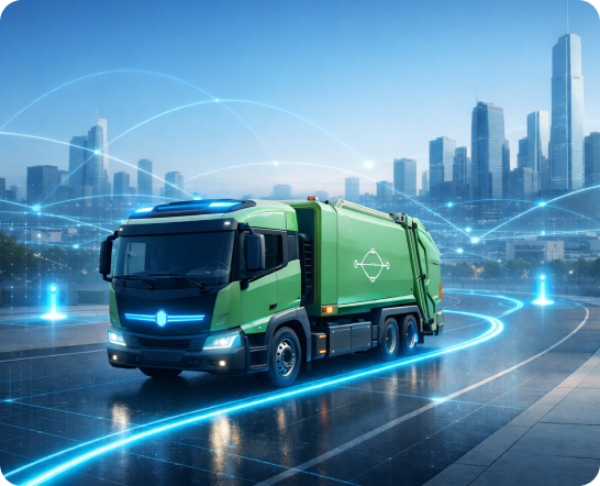 Smart city waste collection truck with connected routes and skyline