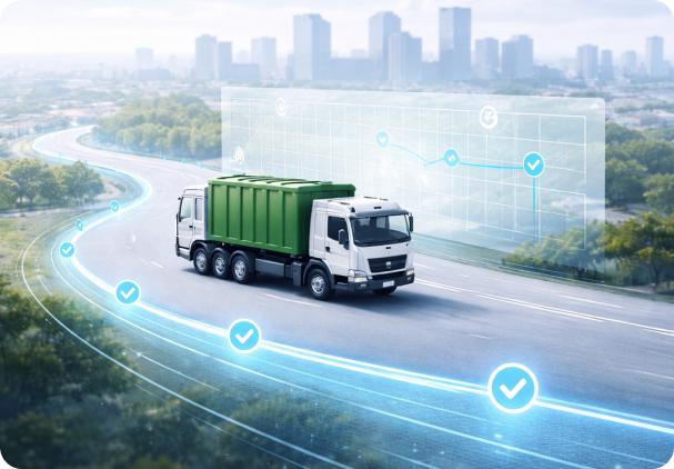 Waste collection truck with optimized route tracking and city skyline