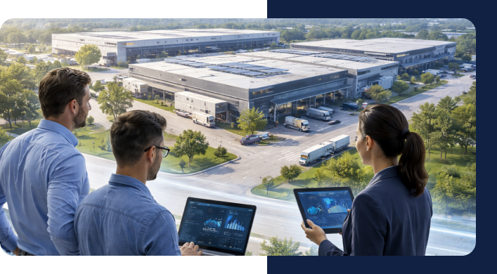 Facility management professionals overseeing warehouse operations with digital dashboards