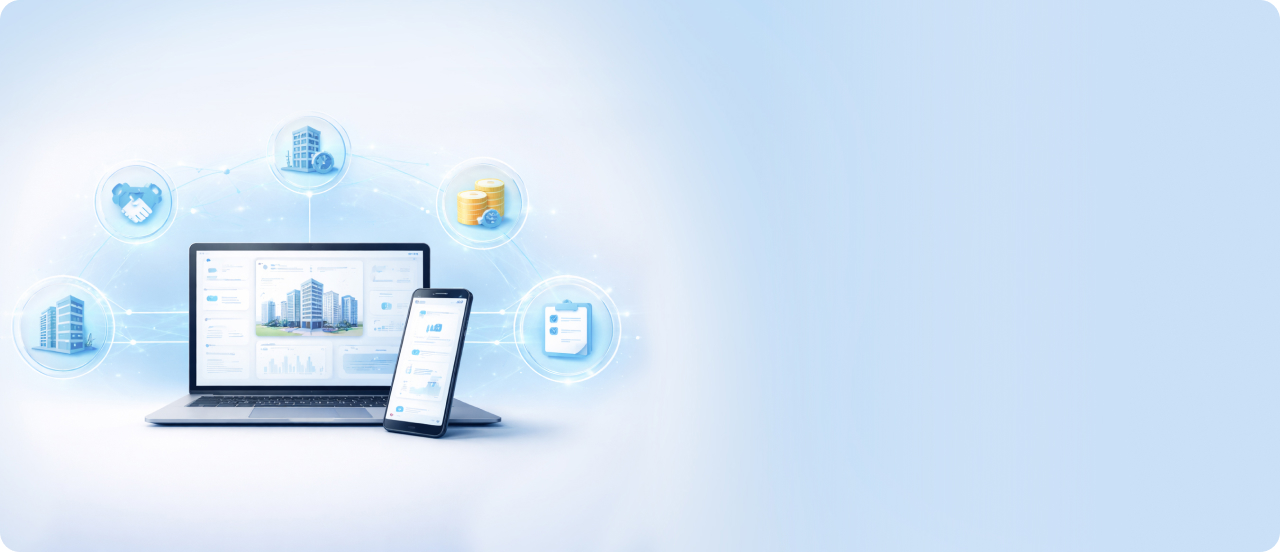 Facility management platform on laptop and mobile with connected operations icons