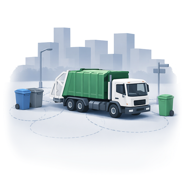 Waste collection truck with municipal bins in a city environment
